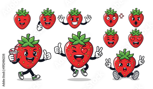 Happy Strawberry Character with Drink, Thumbs Up, and Peace Sign - Sweet Summer Fruit Illustration