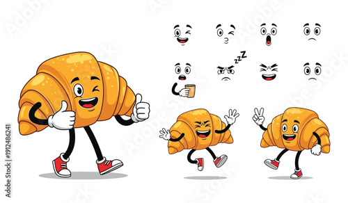 Golden Croissant Character with Coffee Cup, Winking - Delicious Pastry Mascot for Breakfast