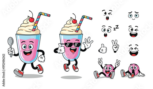 Pink Smoothie Character with Spoon and Sunglasses - Creamy Dessert Drink Mascot with Fun Expressions