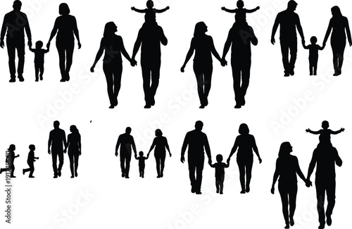 Families walking and running, parents holding hands with happy kids.