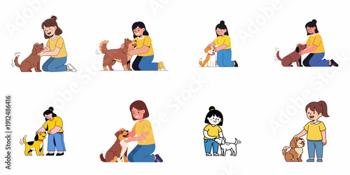 Collection of flat vector illustrations depicting young women lovingly petting and hugging various happy dogs, emphasizing friendship and pet care.