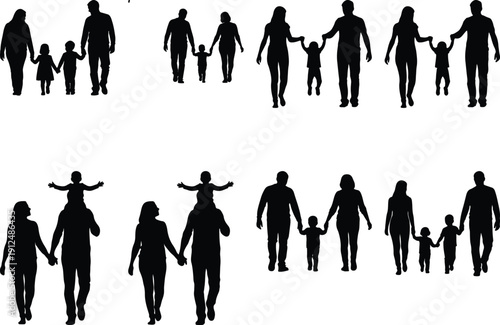 Silhouettes of families walking hand-in-hand, children on shoulders.