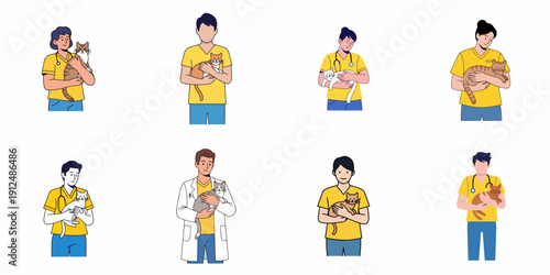 A collection of diverse cartoon illustrations featuring veterinarians and animal healthcare professionals holding and caring for various cats, symbolizing pet health and welfare.