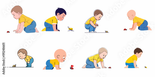 Collection of illustrations showing curious babies and toddlers kneeling and observing small insects and ladybugs, emphasizing childhood discovery.