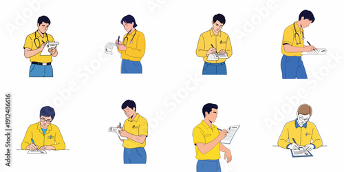 Diverse doctors and medical staff characters writing prescriptions (Rx) or filling out medical forms, depicted in a minimalist vector illustration style.