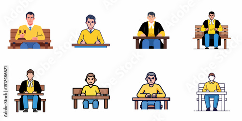 Angry Judge or Defendant Sitting Icon Set. Collection of flat vector illustrations depicting serious men in legal settings, symbolizing justice, court, and judgment.