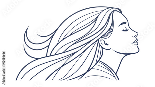 Line of a woman profile with flowing long hair in monochrome blue line woman profile side view flowing hair