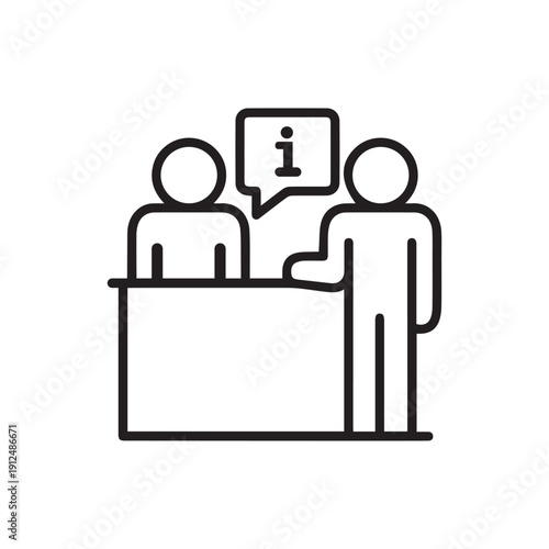 Information desk, reception, linear icon. Person answers a question at the table, tells information to another person. Counsellor. Line with editable stroke