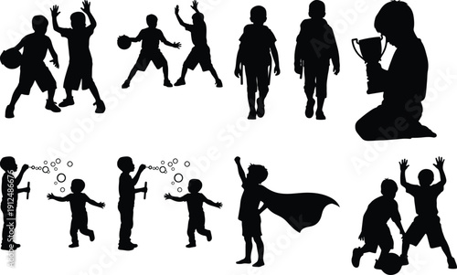 Boys playing sports, blowing bubbles, and celebrating victory.