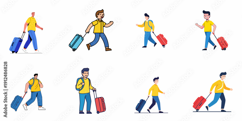 Naklejka premium Set of vector illustrations featuring men traveling with rolling suitcases and backpacks, depicting concepts of tourism, business travel, and transportation.
