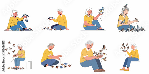 Set of vector illustrations showing a smiling senior woman feeding various birds (sparrows and pigeons) by hand, illustrating care and connection with wildlife.
