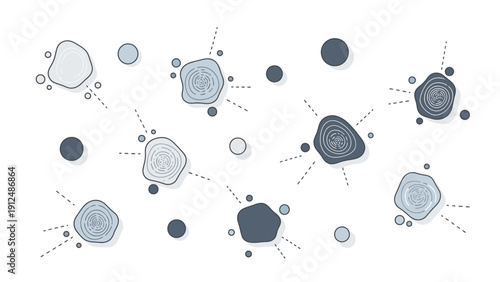 Illustration of various sized gray circles and blobs connected by dotted lines on a white background with a monochromatic color scheme.