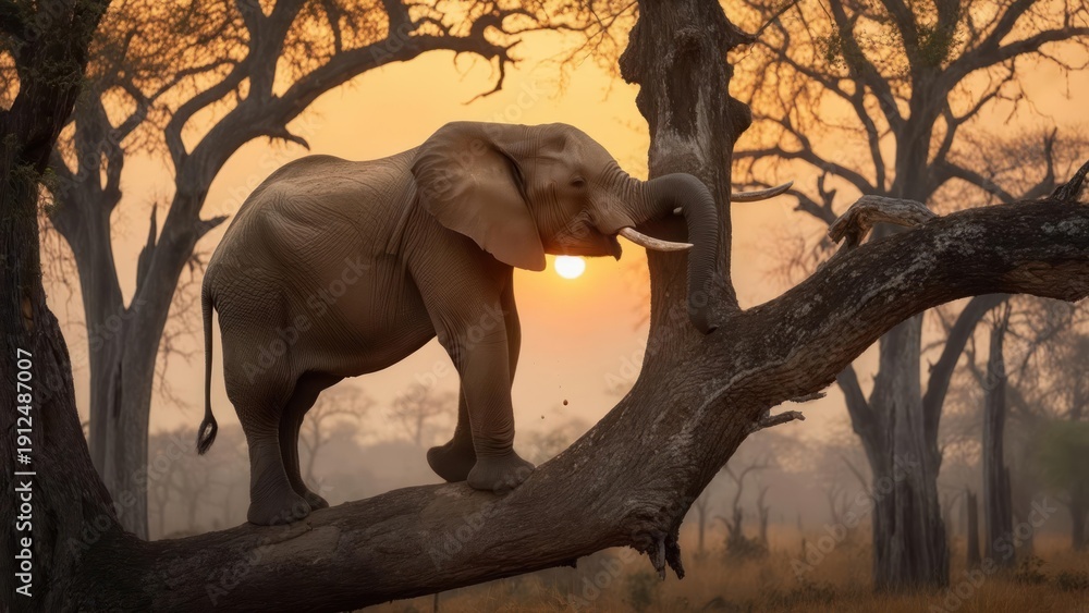 Fototapeta premium Elephant on branch at sunrise