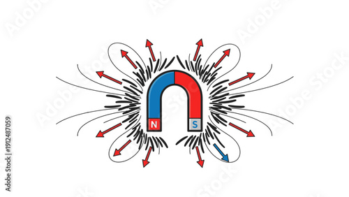 Illustration of a red and blue horseshoe magnet with magnetic field lines and arrows on a white background.