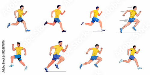 Collection of male runner vector illustrations demonstrating different running speeds and poses, ideal for fitness and training graphics.