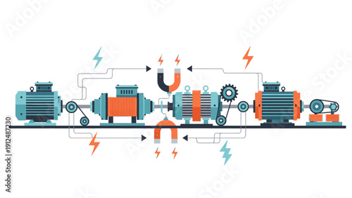 Flat lay illustration of industrial machinery components with orange and teal parts, connected by pipes and wires with lightning bolts on a white background.