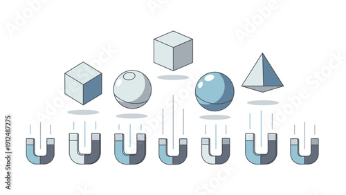 Isometric illustration of magnetic attraction between various geometric shapes and horseshoe magnets on a white background.