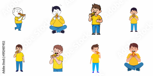 Eight vector illustrations showing happy cartoon boys in various poses eagerly eating and enjoying slices of delicious cheesy pizza on a white background.