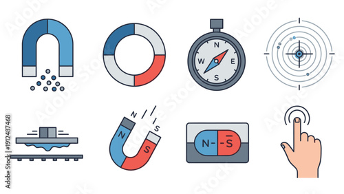 Flat lay of various magnetic and navigational icons on a white background with a mix of blue, red, and gray colors.