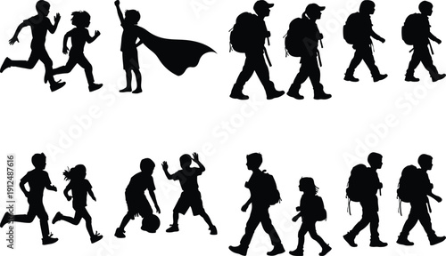 Children running, playing, hiking, and a superhero kid