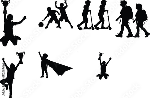 Kids celebrating, playing, scootering, and hiking