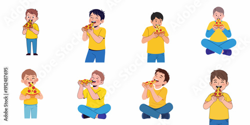 A collection of cartoon illustrations showing happy boys eagerly eating slices of pepperoni pizza in various poses, isolated on a white background.