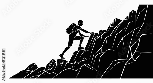 Silhouette of a man climbing a rocky mountain peak.