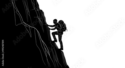 Silhouette of a person climbing a steep rocky mountain face.