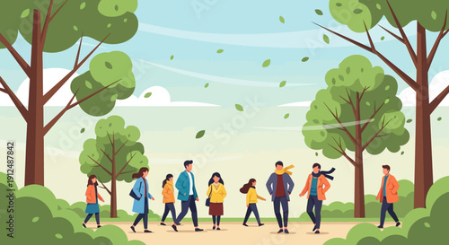 Group of People Walking in Park.