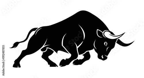 Silhouette of a powerful charging bull with horns.