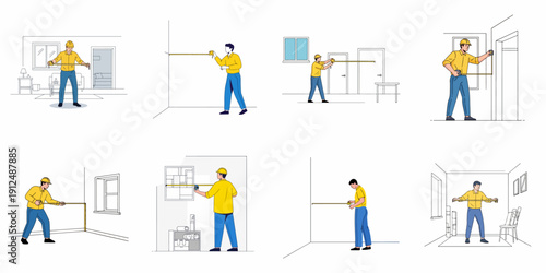 Measuring Interior Spaces: Construction Workers and Handymen with Tape Measures Illustration Set.