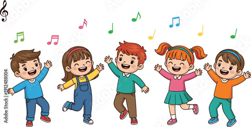 Happy dancing children vector illustration with music notes for kids party education and fun activity design