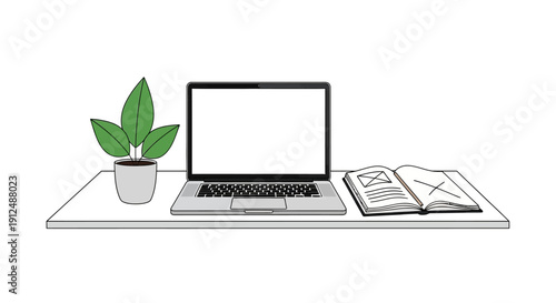 Laptop Computer with Notebook and Plant.