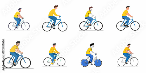 Set of Vector Illustrations Featuring Young Men Riding Bicycles, Demonstrating Active Lifestyle, Daily Commute, and Leisure Activity.