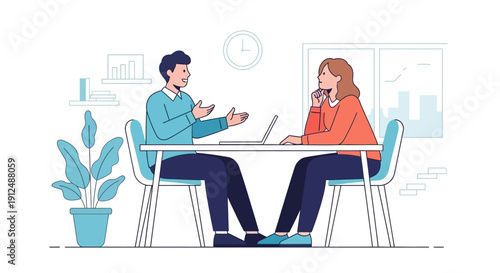 Man and Woman Sitting at Desk.