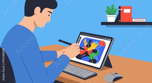 Man Creating Digital Art on Tablet.