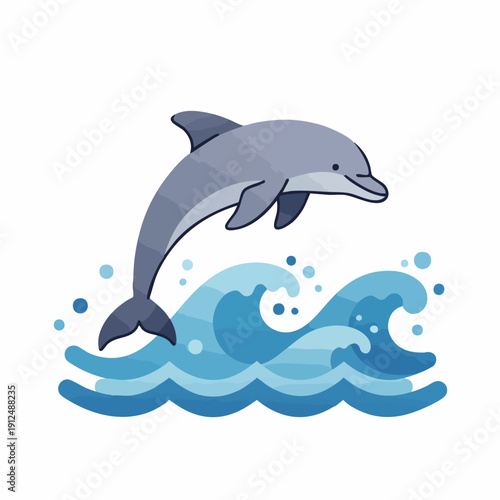 Cartoon Style Playful Dolphin Jumping Out Of the Sea Wave Illustration