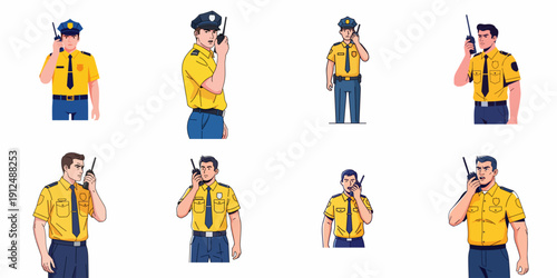 Set of 8 detailed vector illustrations featuring professional security guards or police officers in uniform using walkie-talkies for communication and safety.