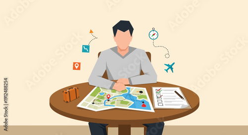 Man Planning Trip at Table with Maps.