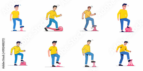 A collection of vectors depicting a man getting angry and frustrated after accidentally stepping on sticky chewing gum on the street.