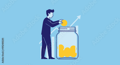 Man Putting Coin in Glass Jar.
