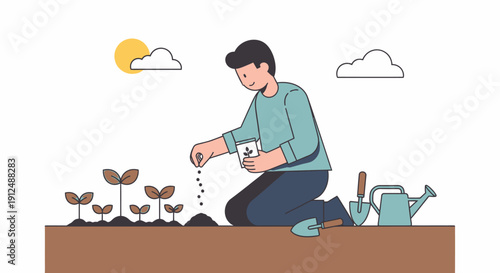 Man Planting Seeds in Soil with Gardening Tools.