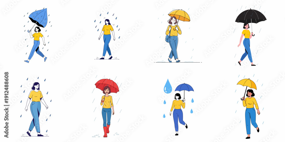 Fototapeta premium Set of illustrations showing young women walking in the rain, some protected by colorful umbrellas, others soaked, representing diverse weather conditions and moods.