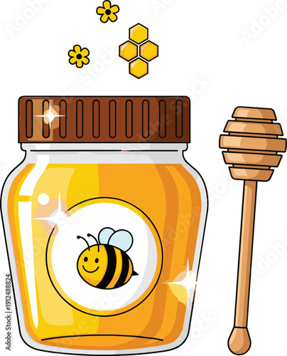 Honey jar with dipper cartoon food illustration isolated background