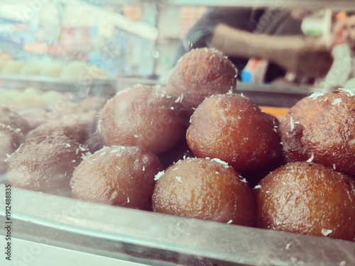 fresh baked ghulab jamun on bakery located in Pakistan