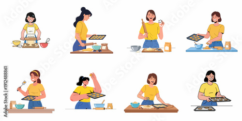 Happy women baking cookies and pastry illustration set, showing various steps of the cooking process in the kitchen.