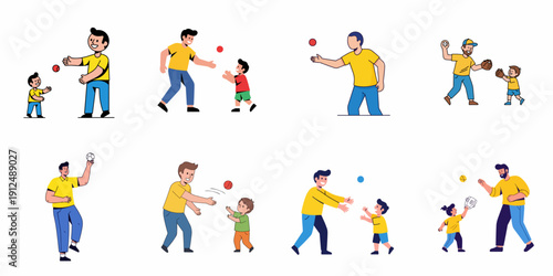 Diverse illustrations showing fathers and children playing catch, baseball, and various sports, symbolizing family bonding, teaching, and active recreation together.