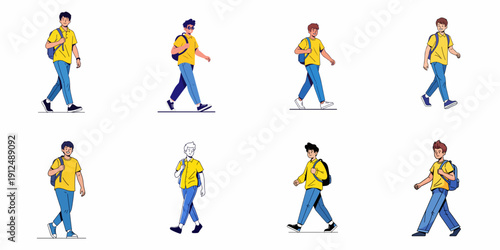 Eight vector illustrations of young male students or teenagers walking cheerfully with backpacks, representing commuting or back to school.