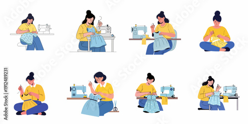 Collection of illustrations showing women sewing, tailoring, and making handmade clothes with needles and sewing machines.