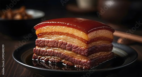 Traditional Chinese braised pork belly Dongpo on a black plate